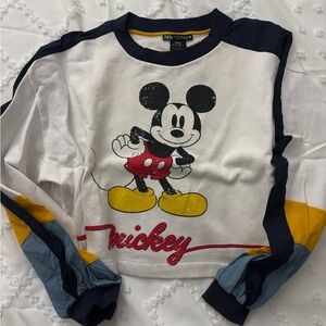Zara cropped Mickey Mouse Long Sleeve Shirt - White, Yellow, and Navy